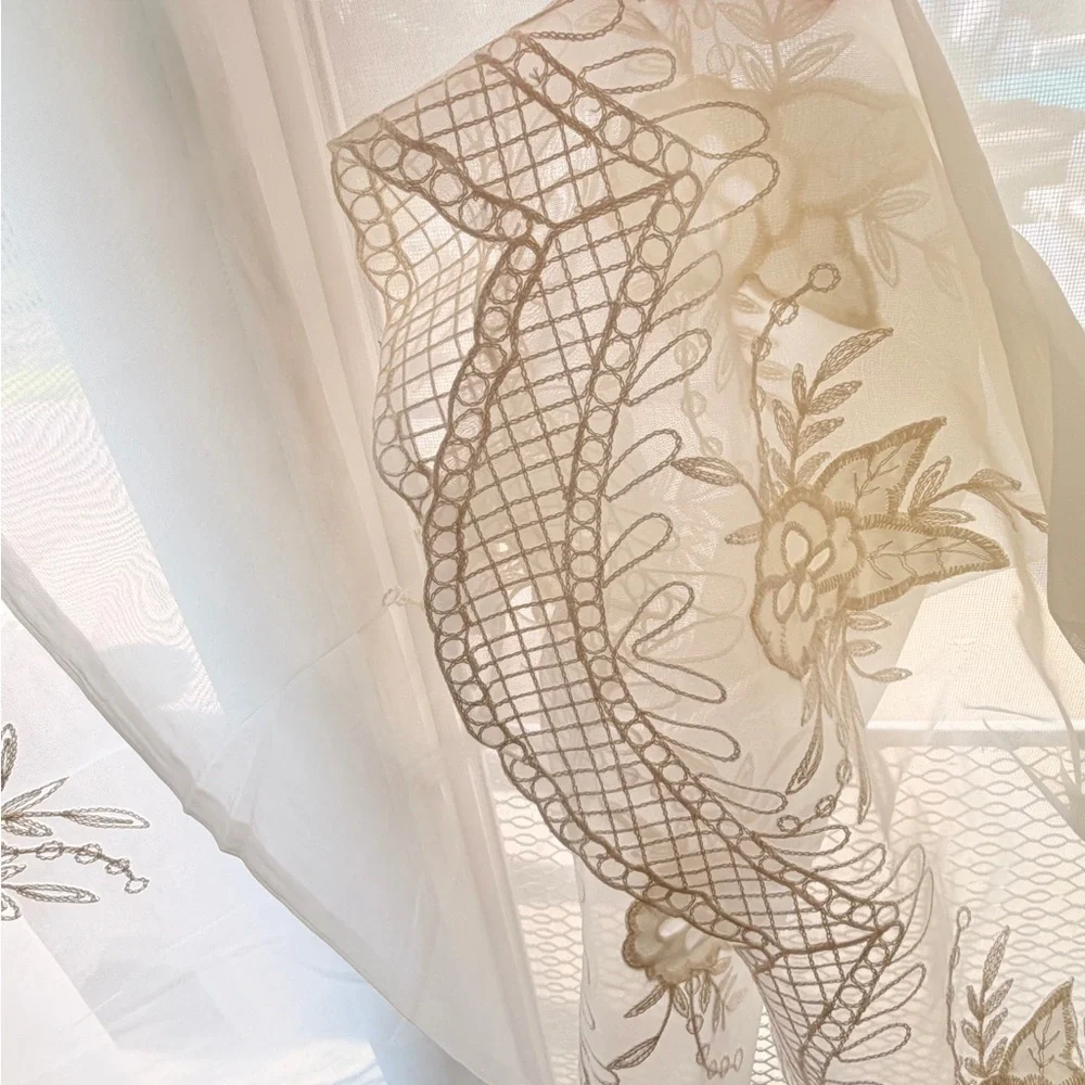 Vintage Embroidered Sheer Curtains Floral Lace 76x59 Set of 2